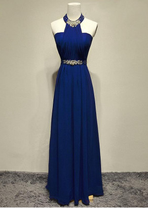Beaded Halter Neck Navy Blue Chiffon Stunning Evening Dress